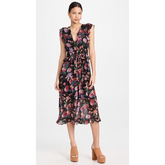 PAIGE NWOT Paradise Floral Silk Chiffon Flutter Sleeve Smocked Tiered Midi Dress - Picture 12 of 12